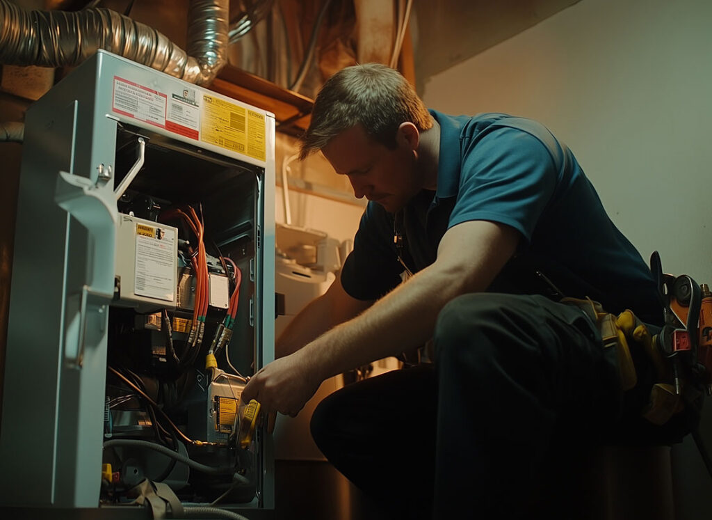 technician performing hvac repair and maintenance on a furnace
